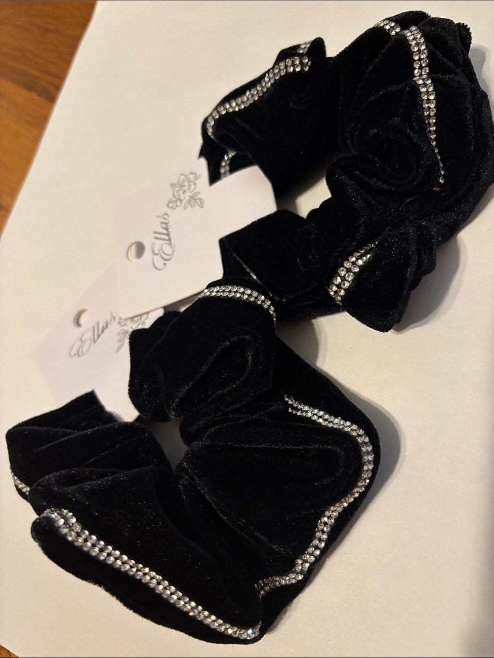 Ella Black Velvet Rhinestone Trim Scrunchie Duo